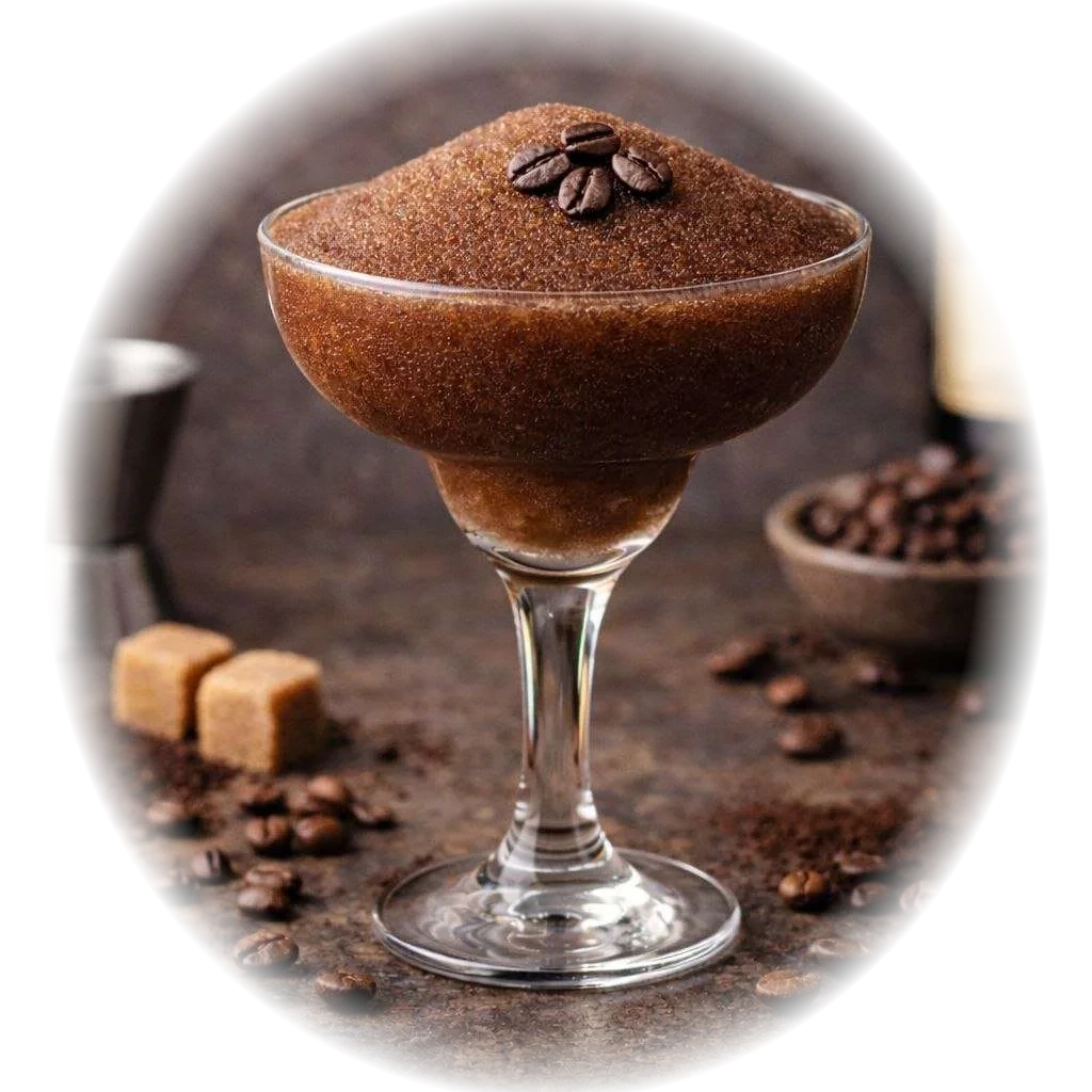 Frozen espresso martini with coffee and cacao in low light