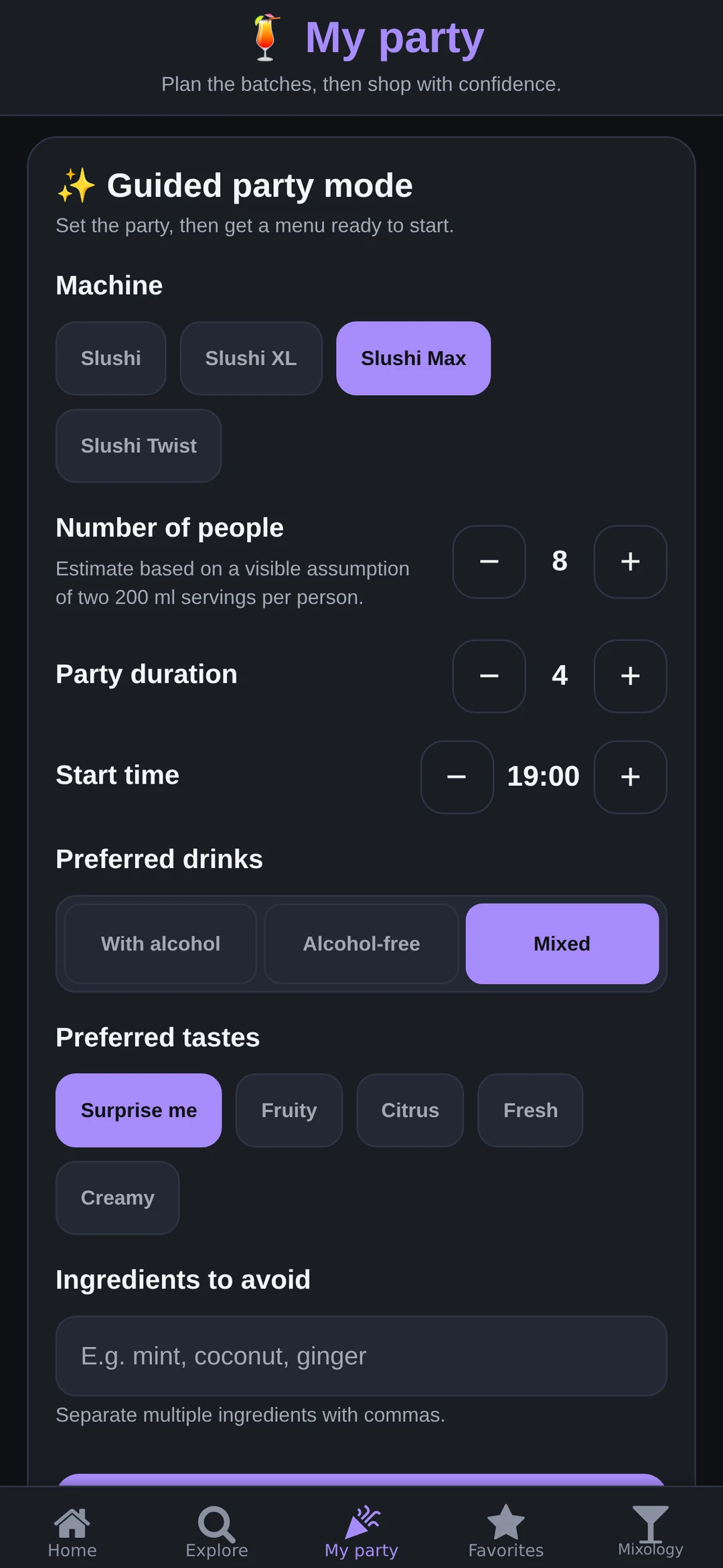 Genuine guided party-planning screen from the Slushi Party app